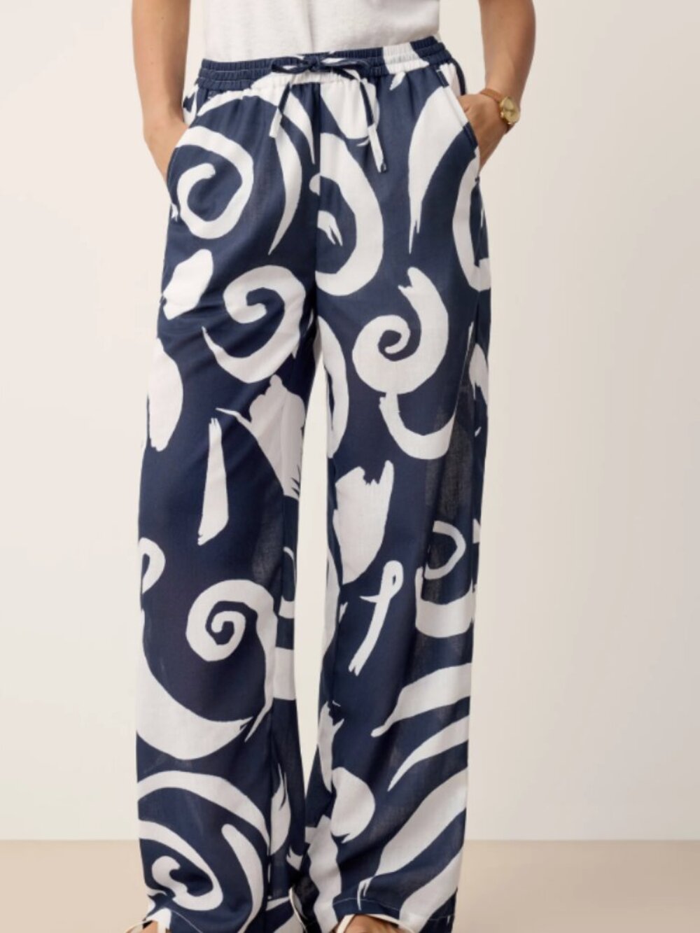 Lintico Linen Abstract-Print Straight-Leg Pants ORLA blue white wide leg XL